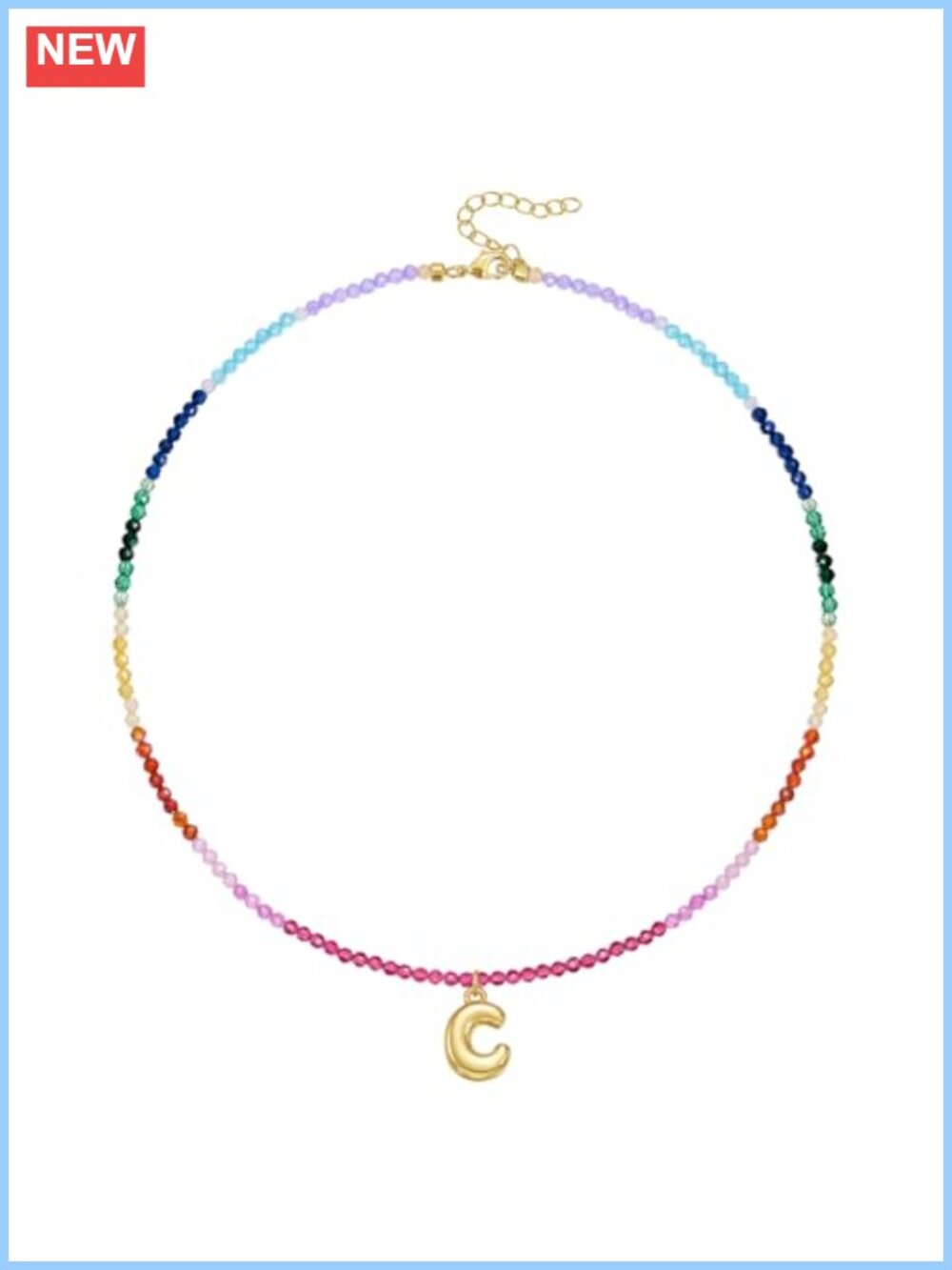 14K Gold Plated Beaded Initial Choker Necklace, Rainbow Crystal Letter Pendant